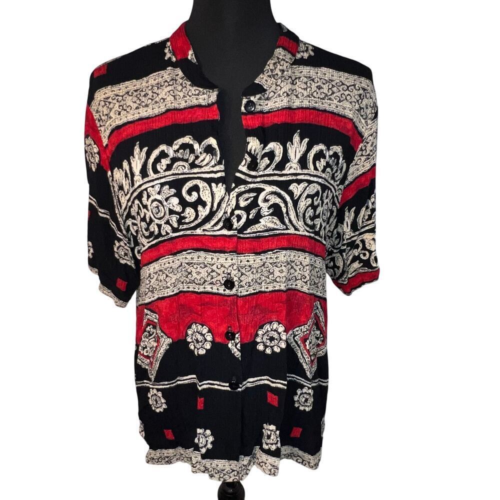 Kathy Lee size 14 gypsy goth BoHo gauzy stretch button in front short sleeve top